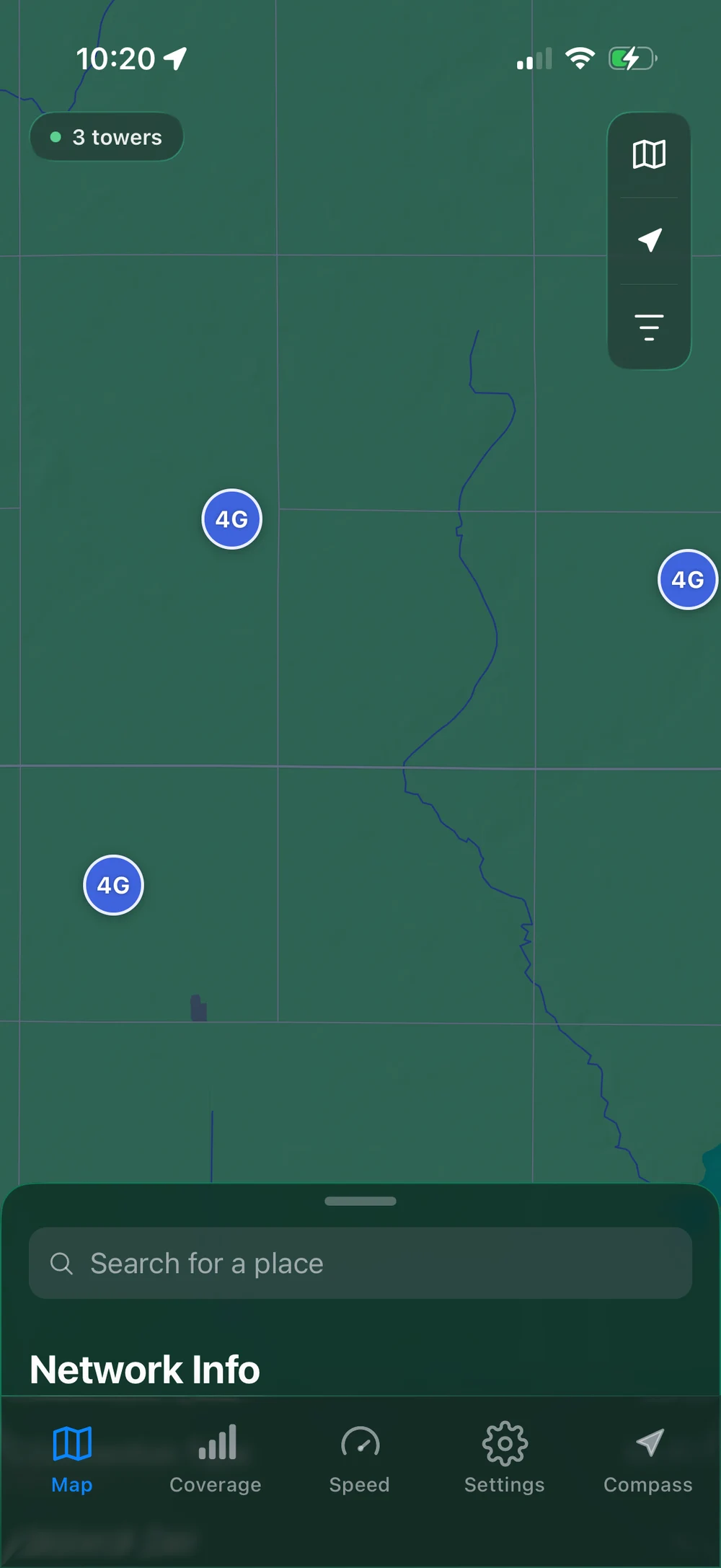 Open Signal cell tower map showing three nearby 4G tower markers