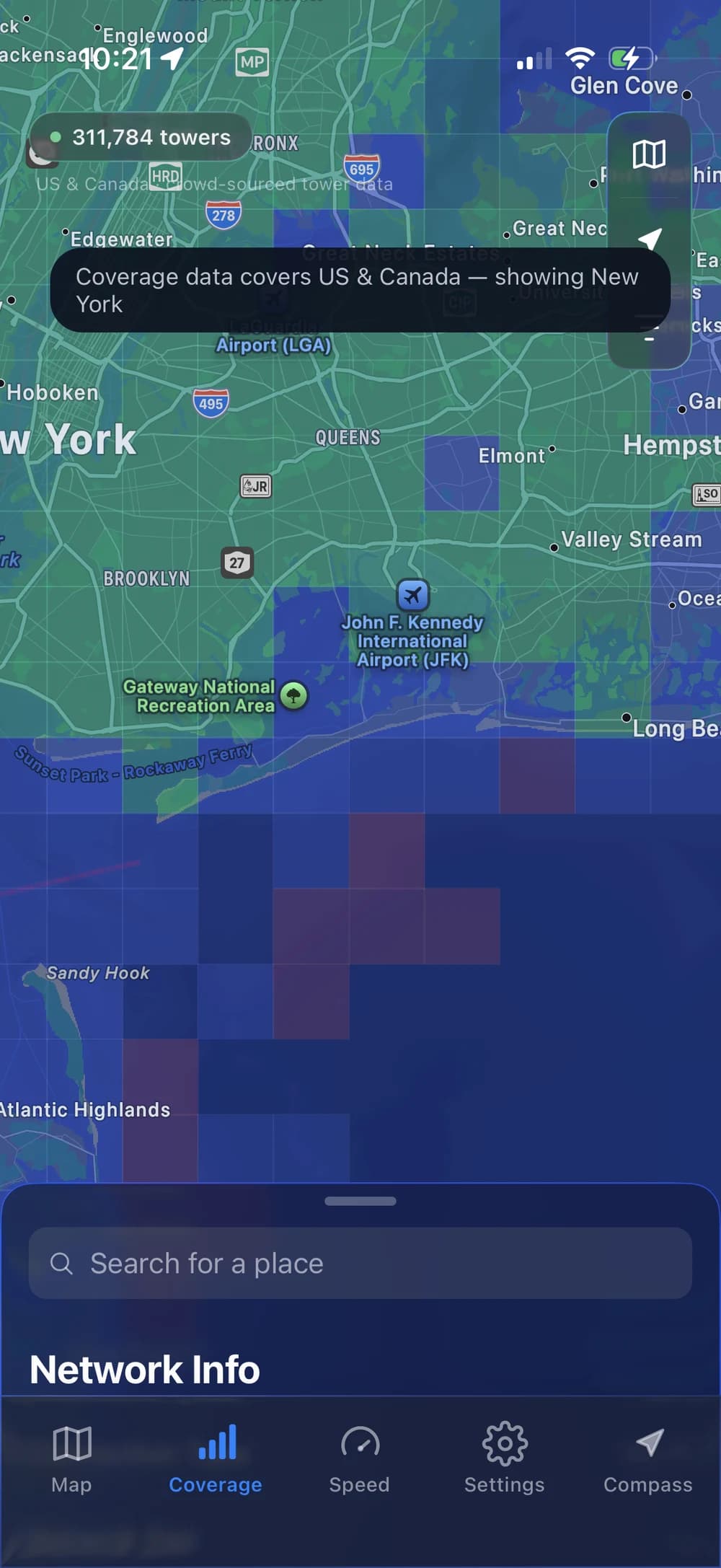 Open Signal coverage map over New York with the US and Canada coverage notice visible