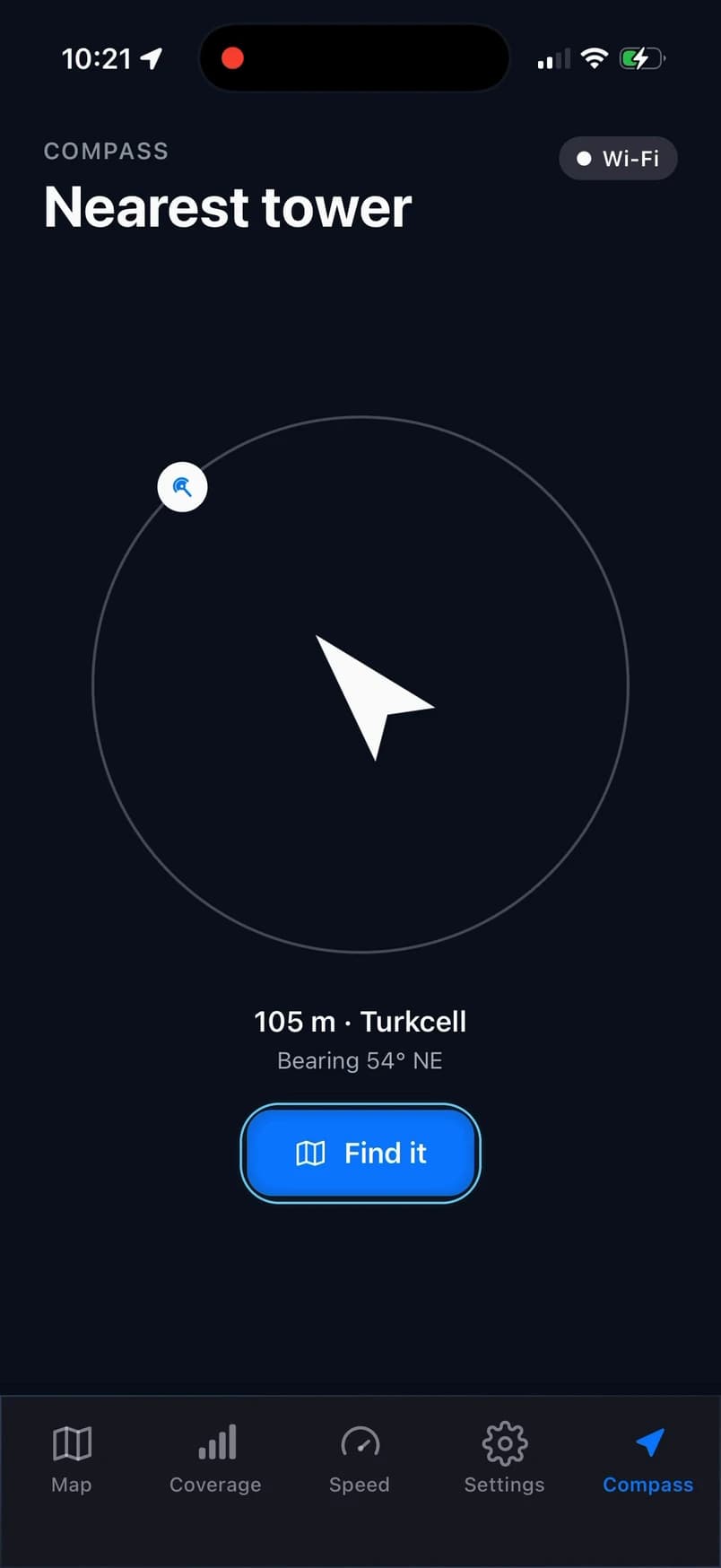 Open Signal Compass showing the Find it button below the nearest tower’s distance and direction
