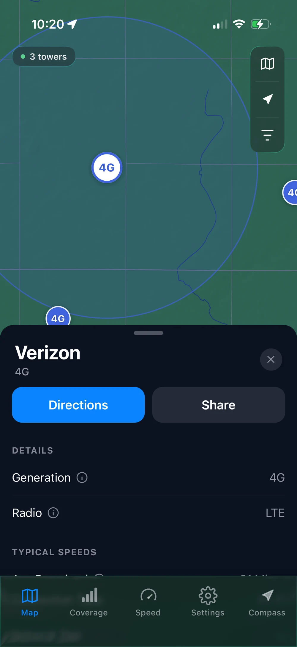 A selected Verizon 4G tower with a blue range circle and carrier details